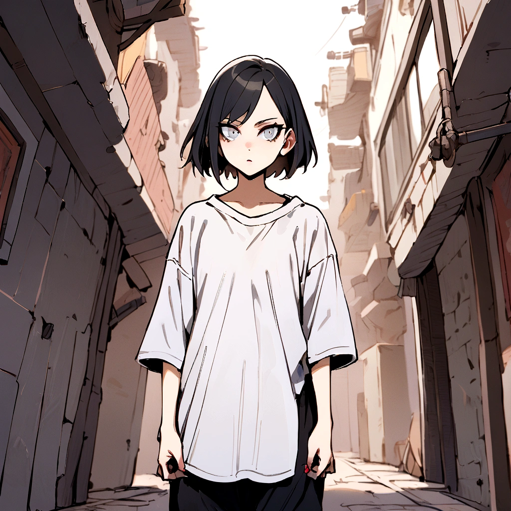 make me a female, , black short hair, grey eyes, oversized white shirt, black sweatpants, she's grinning mischievously, battlefield behind her