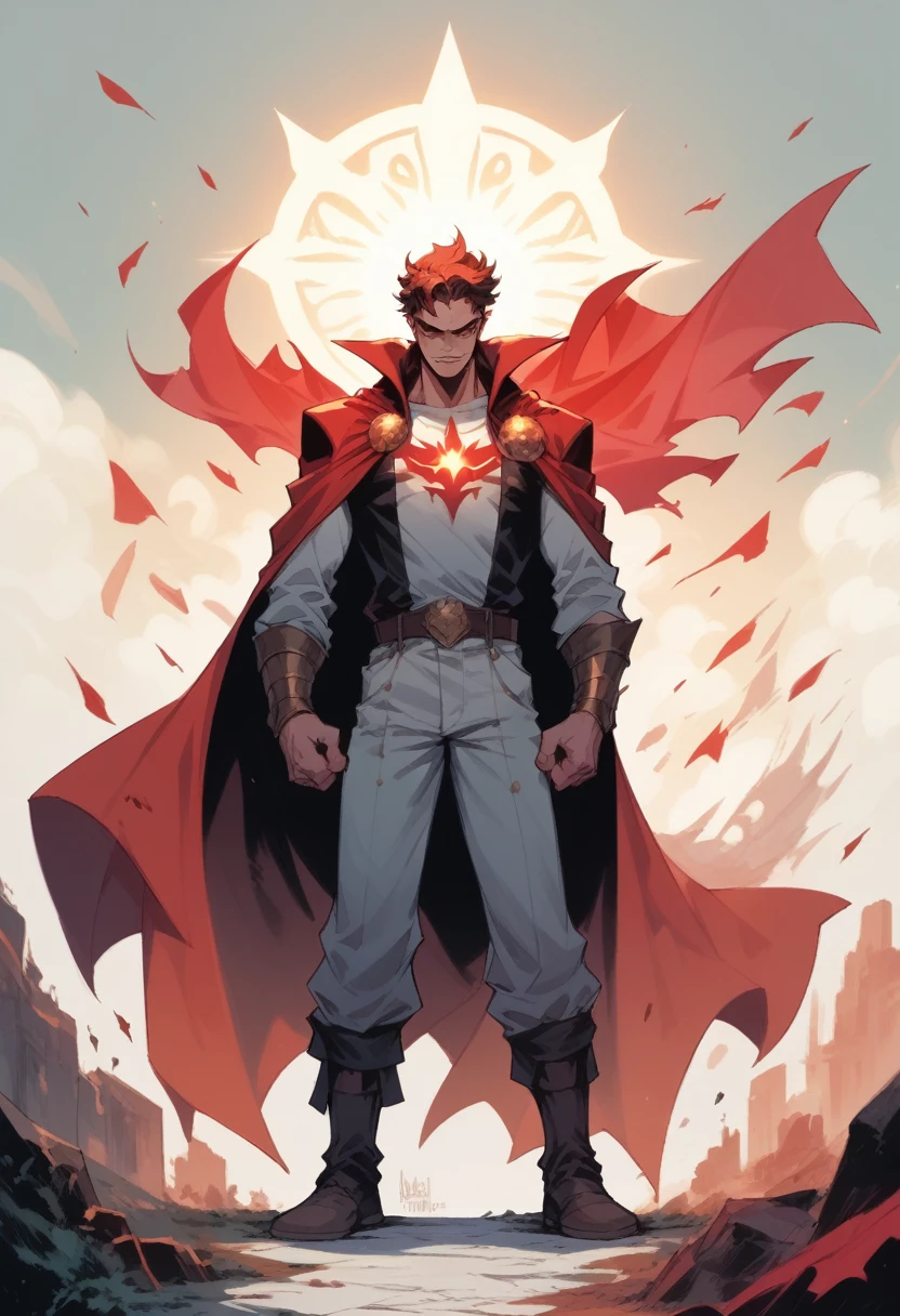 a good king wearing a glowing crown , red cape , standing 