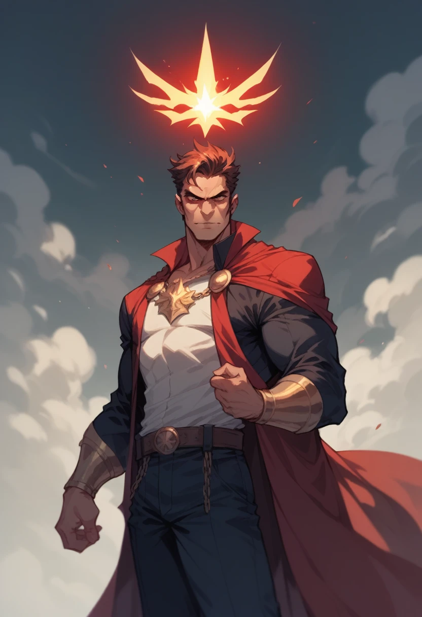 a good king wearing a glowing crown , red cape , standing 