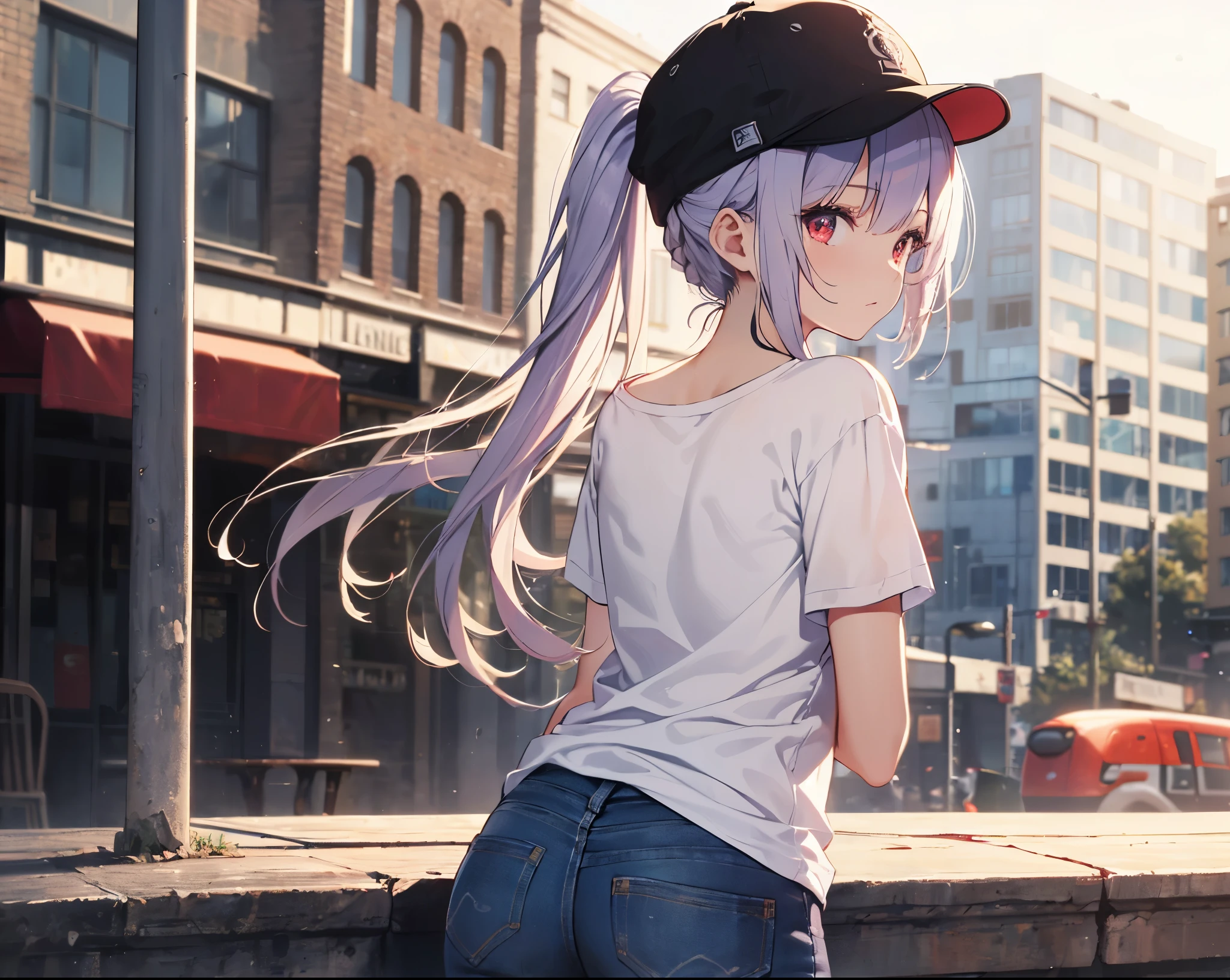 (Close-up:1.3),Realistic,Highest quality, Super detailed, High-quality CG rendering, The most delicate and beautiful, Floating softly, High resolution, (1 girl), (Highest quality,4K,8K,masterpiece:1.2), Light purple hair,(Very long ponytail:1.3),Red eyes,(Pure white oversized short sleeve T-shirt:1.3),(Black skinny jeans:1.3),(Pure white cap:1.3),In the city,old buildings,(Turn your back to your audience:1.3),Butt