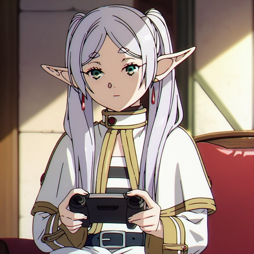 1girl, sfrieren, solo, elf, pointy ears, silver hair, white hair, green eyes, small breasts, flat chest, BREAK
robe, black pantyhose, brown boots, belt, capelet, upper body, sitting, BREAK
holding a videogame controller, holding, sit, sitting on a puff, puff, BREAK
score_9, score_8_up, score_7_up, score_6_up, anime,
(high quality, detailed, beautiful), shiny, detailed beautiful eyes, outstanding, countershading, detailed soft lighting