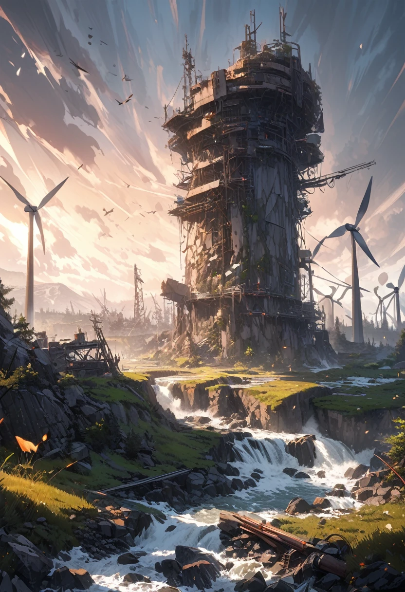 wilderness, broken wind power plant, ultra detailed, natural