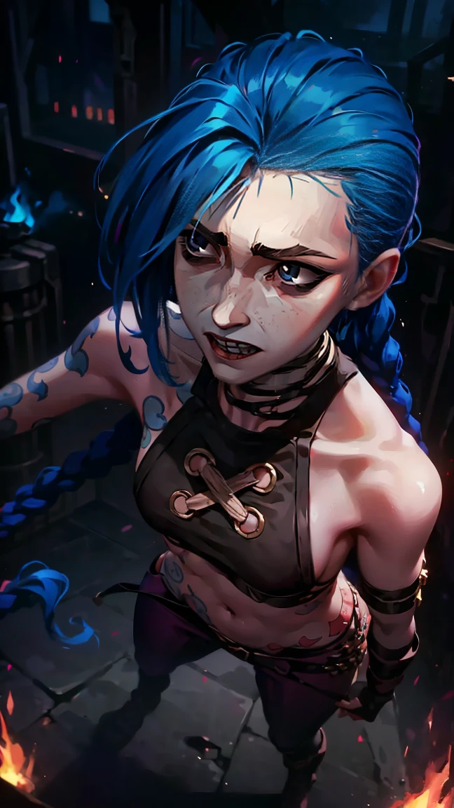 (masterpiece, Best quality), 1 girl, portrait, very sexy, crazy look, smile, crying, pink tears, tears on the cheeks, tears from eyes, full length (full body 1.1.), очень feminine, fighting stance, battle, fire, explosions, burning city, Beautiful waist, gloomy composition, flame, fire, Flash, very beautiful, feminine, long hair, hair braided in long braids, very sexy, tight leather pants, emphasis on the eyes, face accent, Beautiful face, Hands, Hair, Haired ponytail, red purple eyes, Джинкс crying, Blue cloud tattoo, (masterpiece, Best quality), Side lighting, beautiful detailed eyes, crazy face), (Best quality), (masterpiece), magic photography, Spectacular lighting, Photorealism, ultra detailed, интимная portraitная композиция, 1. 4,8 k UHD, aesthetic, Cd., A high resolution, 8 k, better lighting, Best shade, Ultra-HD, A high resolution, sharp focus, Complex background, Cinematic lighting, ((Landscape view)), 4K block, (better lighting), ((Cinematic lighting)),