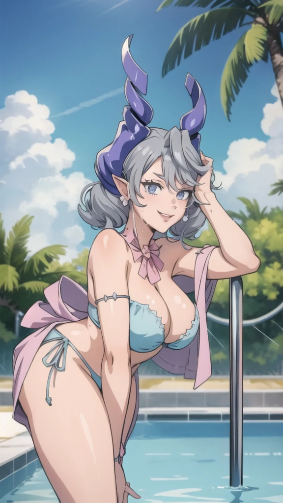 3 girls High level image quality best image quality 8K adult woman pool party rain palm trees more colors whole body view portrait bikini horn ears short hair((shortcut)(gray hair)(perm)(fluffy)) eye color is blue , , attractive evil face , smile , sexy pose , labrynth , barearm , wearing pink robe , standing by the pool , all wet , view foot arc , view from side