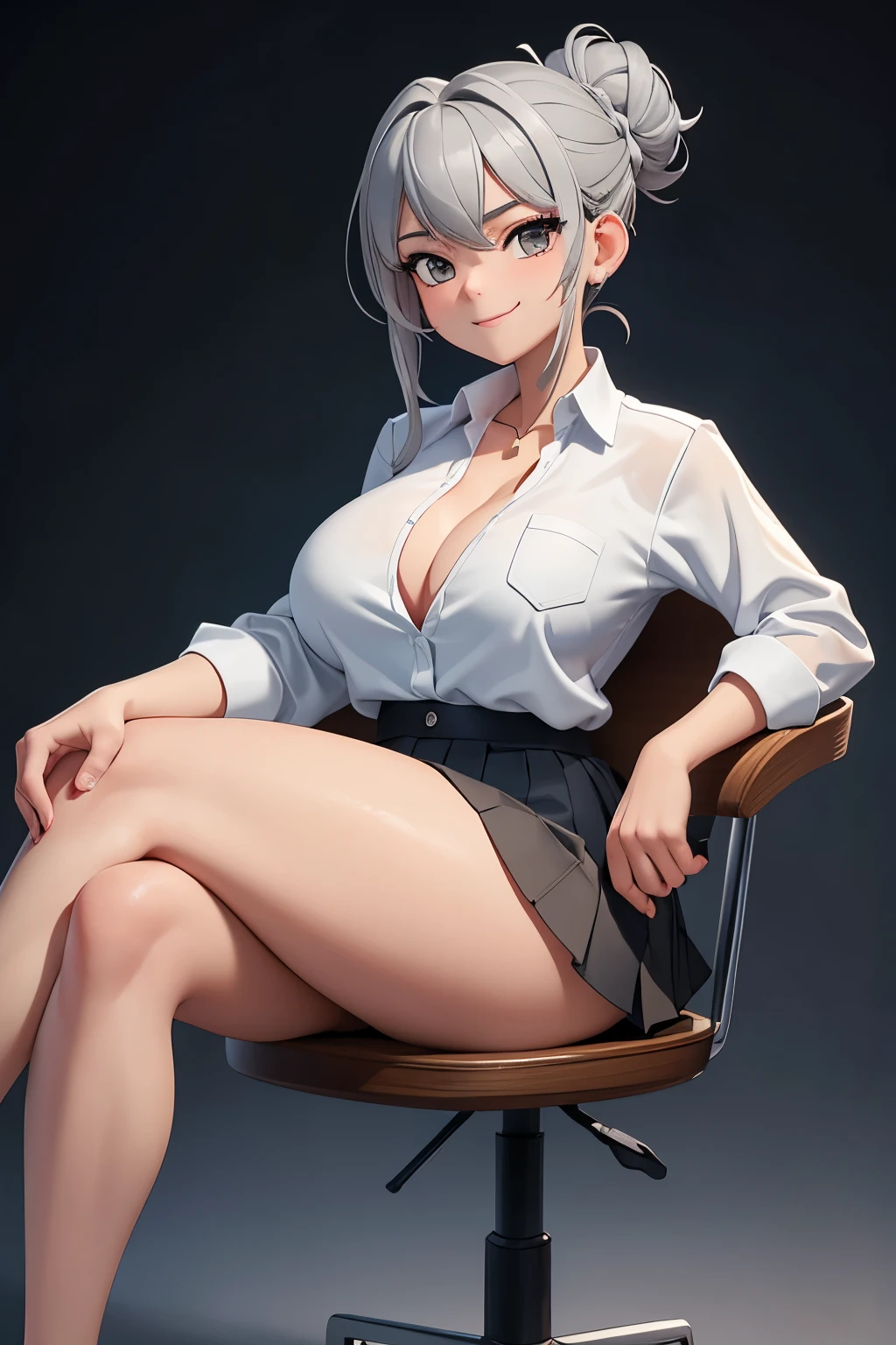 1 woman, 17 years old, (updo, grey hair), plump body, black eyes, Indonesian high-school uniform, (wearing transparent white shirt, show shoulders, show cleavage), osis logo on shirt pocket, huge XL breasts, light-grey pleated skirt, sitting on a chair, seductive pose, full body shot, side view, smiling, in the classroom.