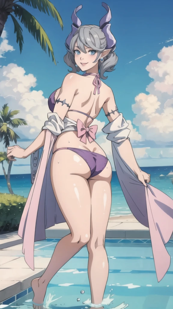 3 girls High level image quality best image quality 8K adult woman pool party rain palm trees more colors whole body view portrait bikini horn ears short hair((shortcut)(gray hair)(perm)(fluffy)) eye color is blue , , attractive evil face , smile , sexy pose , labrynth , barearm , wearing pink robe , standing by the pool , all wet , view foot arc , view from side