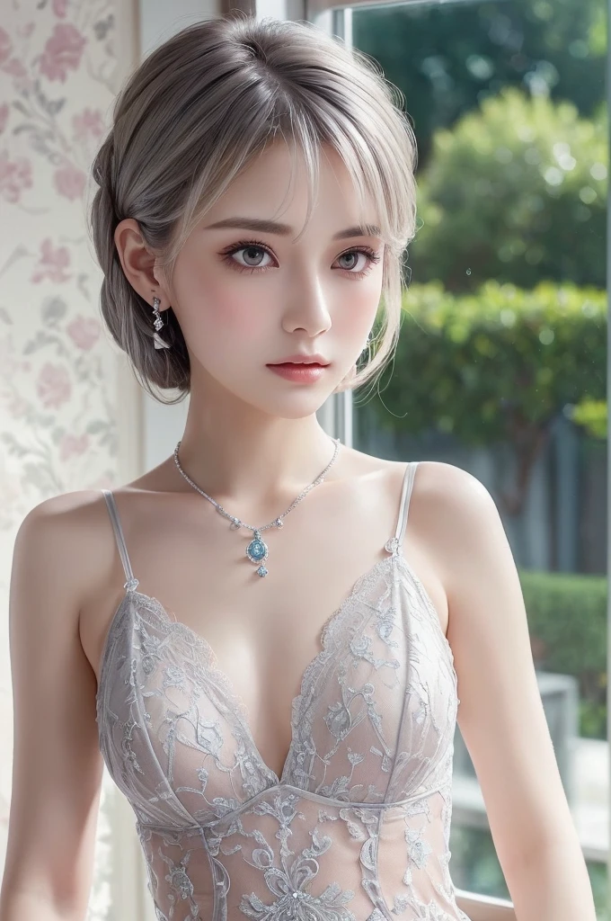 silver lace thong&Good, (((Very elegant and beautiful, Perfect detail, Super detailed))), whole body, The most detailed girl, Depth of written boundary, 美しく詳細なwhole body, Thin legs, 1 girl, 30 years old, Very short hair, Spiked Hair, Gray and silver hair, Beautiful detailed hair, Perfect Face, Expressionless, Beautifully detailed deep eyes, Open your mouth a little, Delicate arms and hands, Pale skin, Earrings, Beautiful and gorgeous necklace, Colorful background, HD background, Blurred Background, Very delicate and beautiful, Masterpiece, (((Highest quality, Very beautiful 8K CG wallpaper))), (((Trendy hairstyles))), (Inside the room,Stylish interior,window),