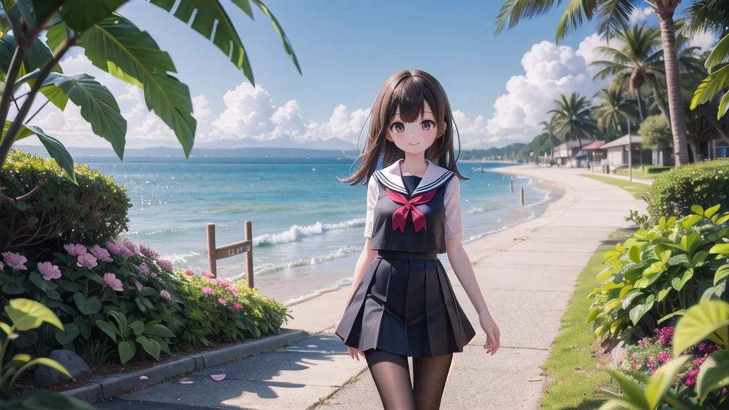 (masterpiece),  town,  blue sky,  One Girl, Place the person on the right,  smile,  alone,  Sailor suit、Long skirt,  Overgrown,  petal,  plant、Skirt lining、Translucent slip、nostalgic、Black Pantyhose、I can see the ocean in the distance, Crotch close-up