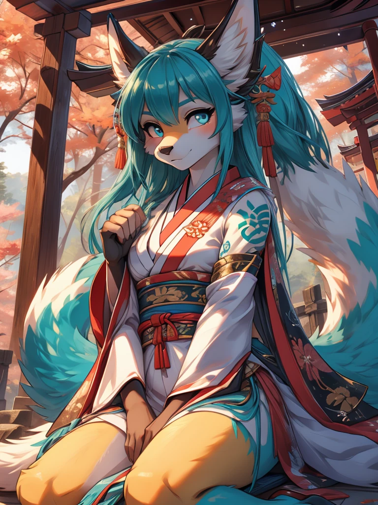 Miku Hatsune, high definition add_detail:1, blue fur,kitsune ears, tribal tattoo add_detail:1, pretty girl add_detail:1, feudal priestess clothing add_detail:1, japanese shrine landscape add_detail:1, japanese shrine costume add_detail:1, add_detail:1, full body add_detail, highly detailed face