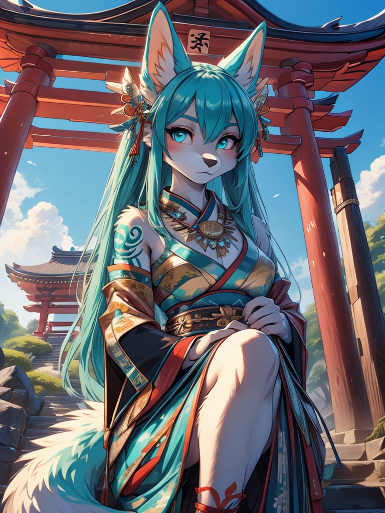 Miku Hatsune, high definition add_detail:1, blue fur,kitsune ears, tribal tattoo add_detail:1, pretty girl add_detail:1, feudal priestess clothing add_detail:1, japanese shrine landscape add_detail:1, japanese shrine costume add_detail:1, add_detail:1, full body add_detail, highly detailed face 