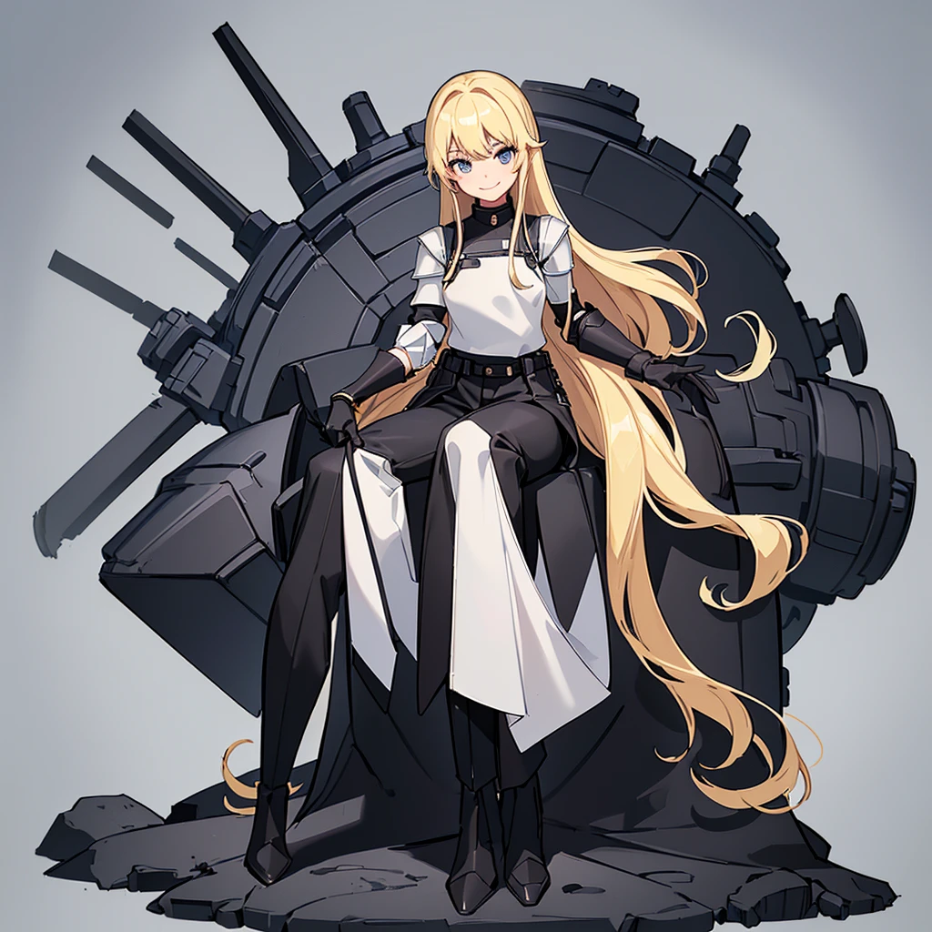 (((Solo)))、Highest quality, Best Quality、、Best illustrations、(Full body character concept)、(((Gray simple armor、Black trousers、Black gloves))、(woman、18-year-old)、(Blonde、Long Hair)、(White background)、(Get on both knees、sit)、(smile、smile)、wave hands