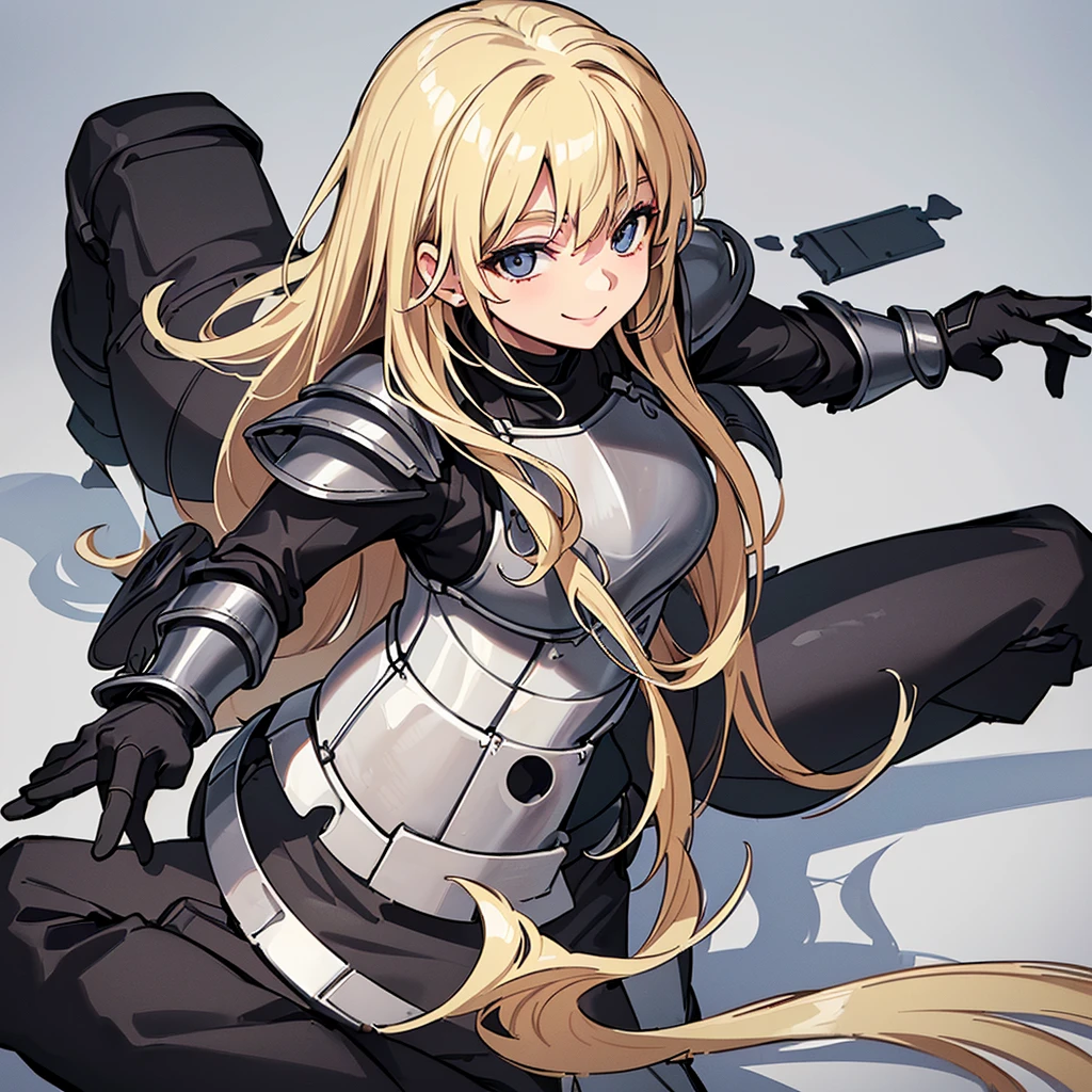 (((Solo)))、Highest quality, Best Quality、、Best illustrations、(Full body character concept)、(((Gray simple armor、Black trousers、Black gloves))、(woman、18-year-old)、(Blonde、Long Hair)、(White background)、(Get on both knees、sit)、(smile、smile)、wave hands