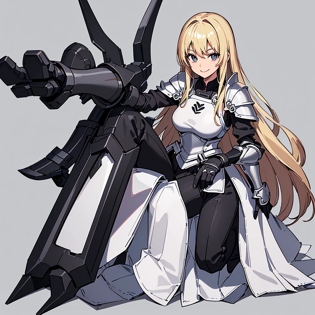 (((Solo)))、Highest quality, Best Quality、、Best illustrations、(Full body character concept)、(((Gray simple armor、Black trousers、Black gloves))、(woman、18-year-old)、(Blonde、Long Hair)、(White background)、(Get on both knees、sit)、(smile、smile)、wave hands