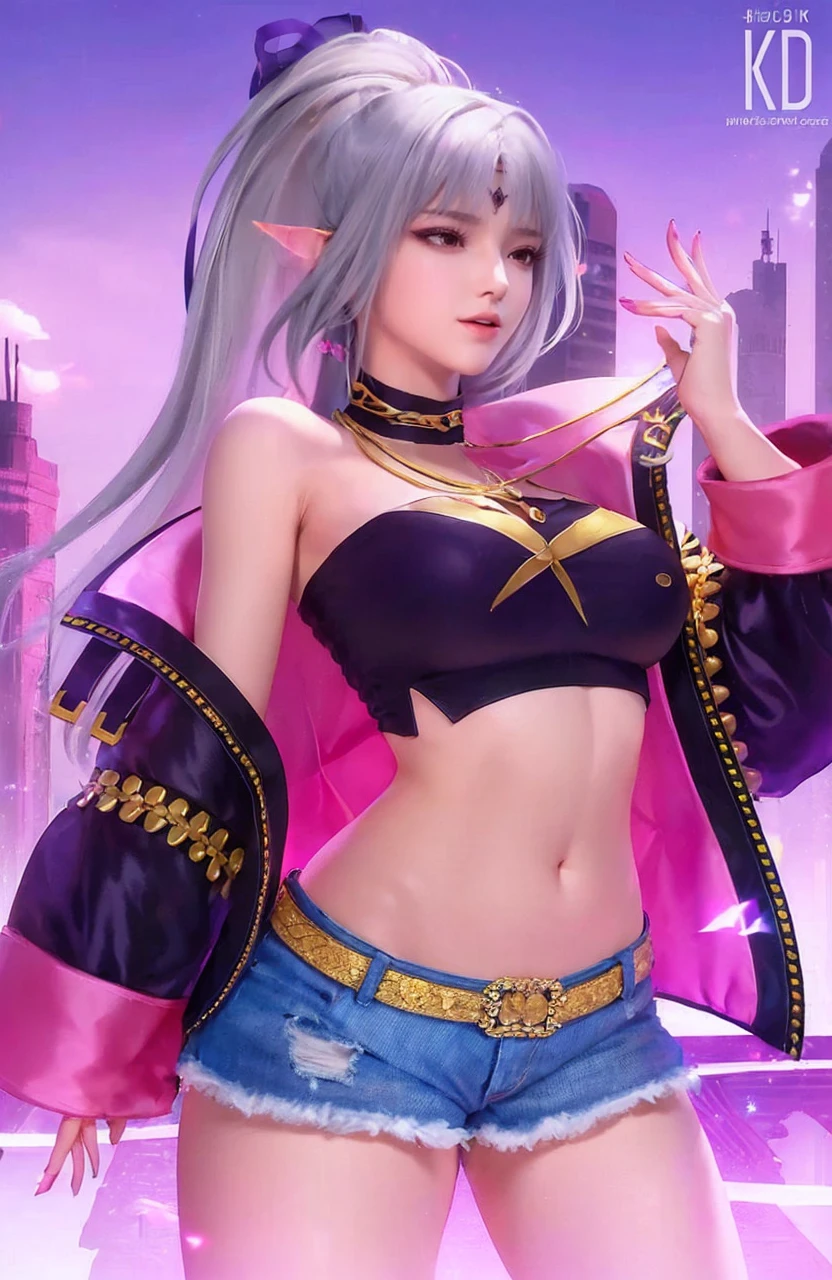 (extremely detailed CG unity 8k wallpaper), (((masterpiece)), ((best quality)), ((extremely delicate and beautiful)), realism, very pretty girl, masterpiece, best quality, Red T-shirt, shorts, neon lights, Rococo, Facial skin comes to life、exquisite, 8k wallpaper, black ribbon, White bow, real, The original, long hair, super long hair, heart shaped hair accessories, jewelry, Ribbon necklace, period, wristband, seductive smile, Excited, heart shaped pupils, look up, look up, permanent, extremely delicate and beautiful, Dynamic angle, Navel exposed, head tilt, Expand, fighting stance,