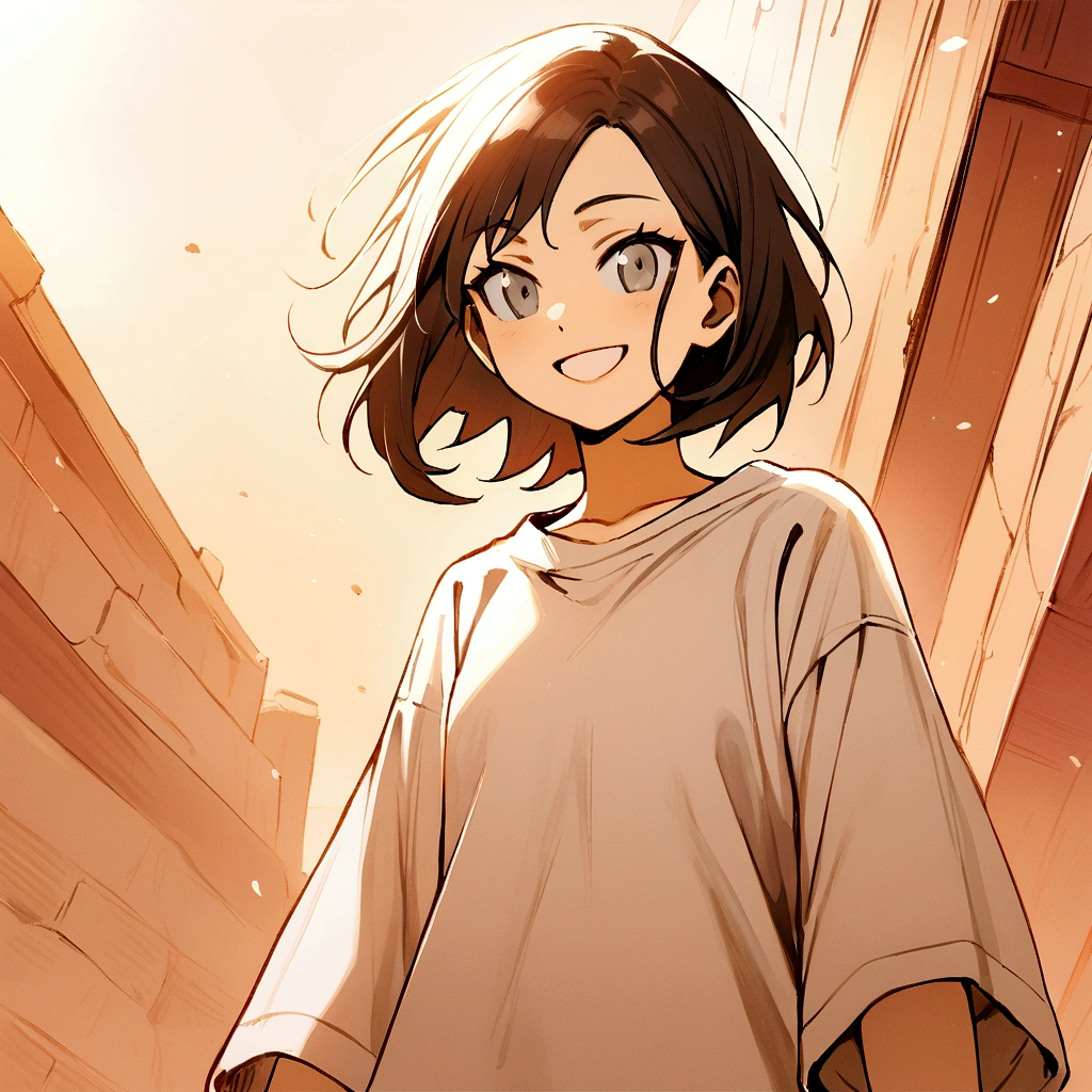 make me a female, , black short hair, grey eyes, oversized white shirt, black sweatpants, she's smiling happily, battlefield behind her