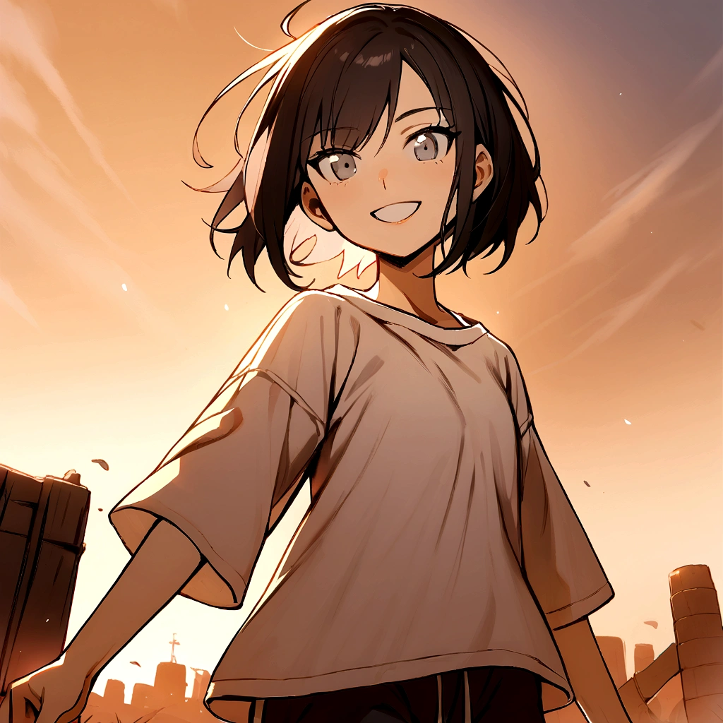 make me a female, 15 years old, black short hair, grey eyes, oversized white shirt, black sweatpants, she's smiling happily, battlefield behind her