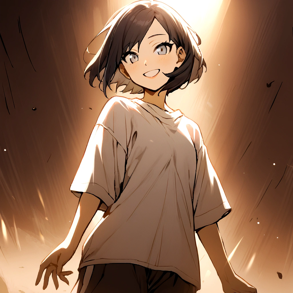 make me a female, 15 years old, black short hair, grey eyes, oversized white shirt, black sweatpants, she's smiling happily, battlefield behind her