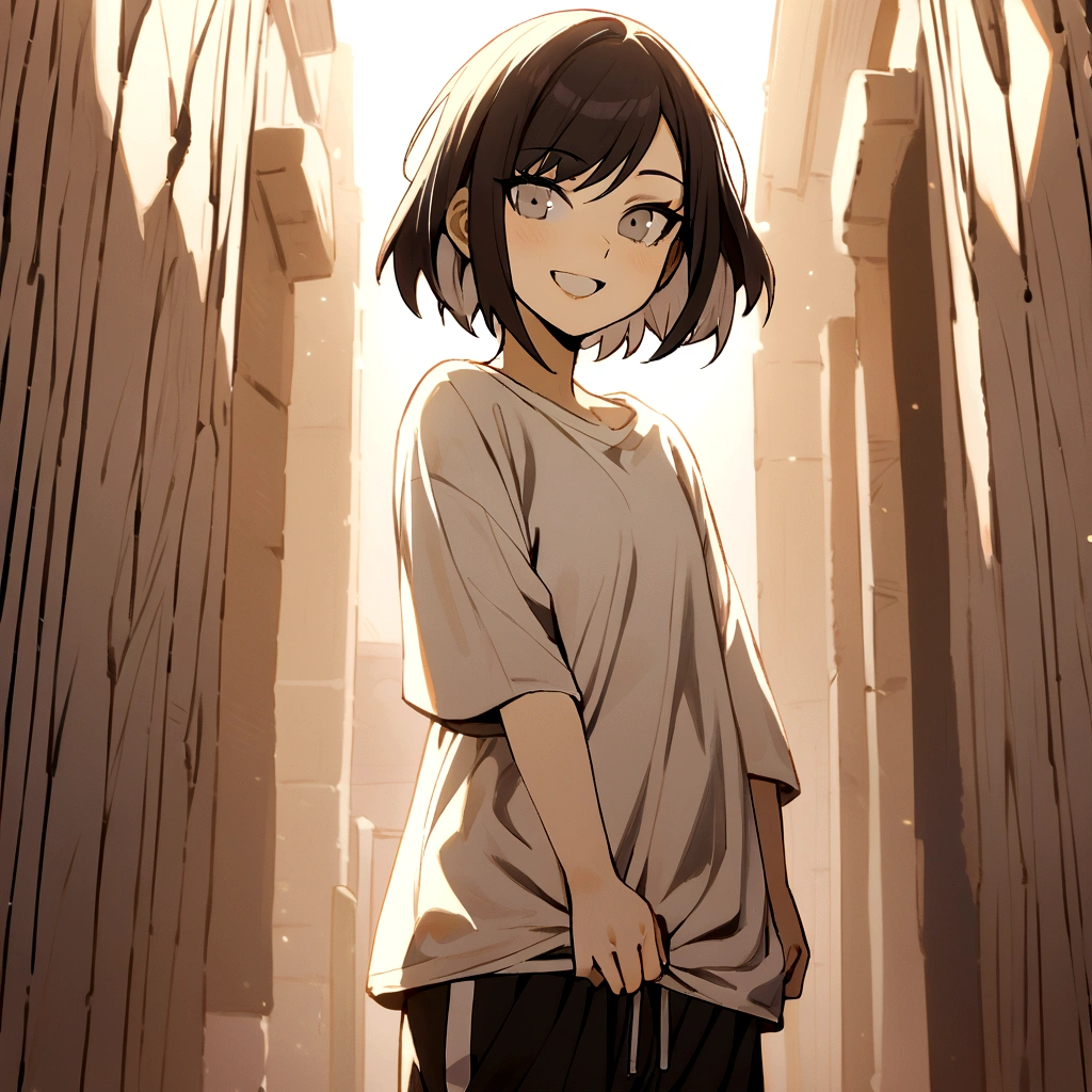 make me a female, , black short hair, grey eyes, oversized white shirt, black sweatpants, she's smiling happily, battlefield behind her