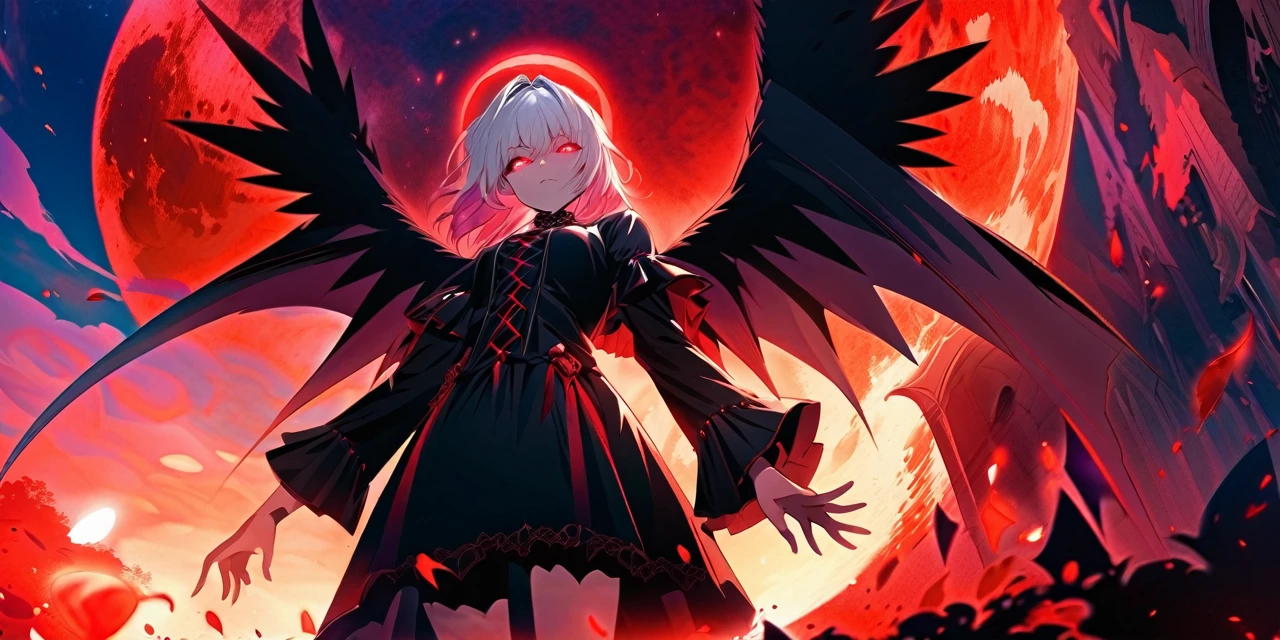 Masterpiece, top quality, bright colors, one girl, white hair, black hair, magenta hair, red eyes, glowing eyes, dark atmosphere, black wings, black halo, fallen angel, from below, descending from heaven, gothic clothes, looking down , Blood, ((Blood Moon, Red Moon))), Purple Aura, Divine Advent, Fire, Cinematic Lighting, Glowing Aura Lighting, Full Body, Spectacular Background, starrystarscloudcolorful