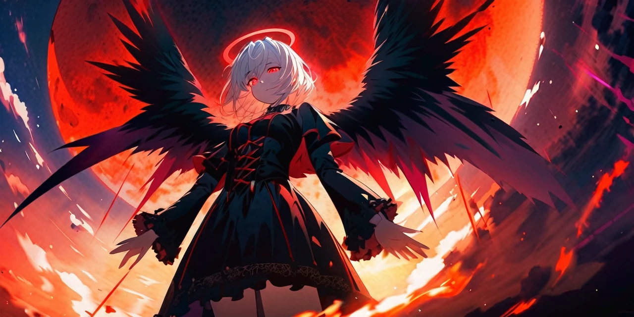 Masterpiece, top quality, bright colors, one girl, white hair, black hair, magenta hair, red eyes, glowing eyes, dark atmosphere, black wings, black halo, fallen angel, from below, descending from heaven, gothic clothes, looking down , Blood, ((Blood Moon, Red Moon))), Purple Aura, Divine Advent, Fire, Cinematic Lighting, Glowing Aura Lighting, Full Body, Spectacular Background, starrystarscloudcolorful