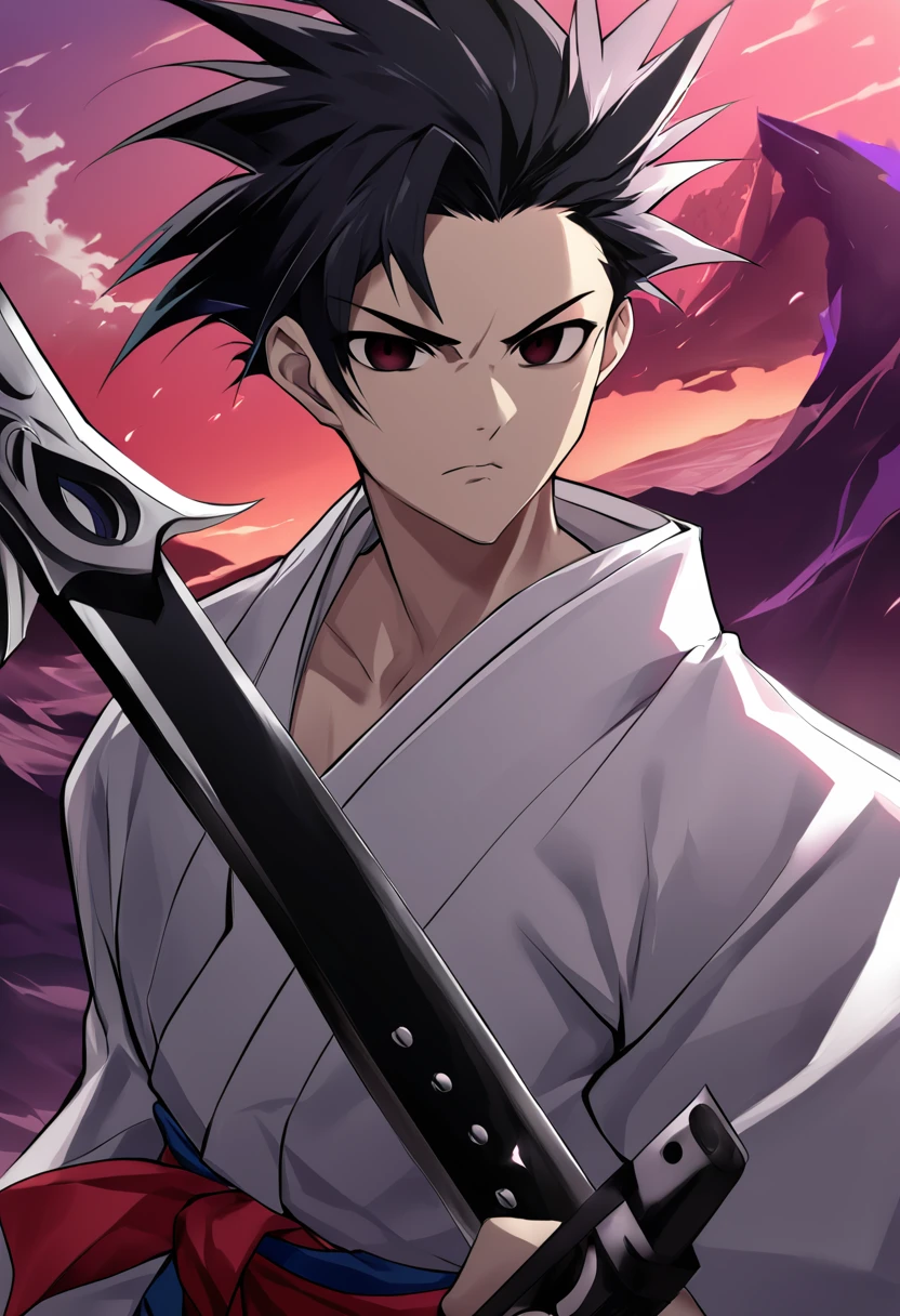 1boy, male focus, ponyzeldris, black hair, short hair, spiked hair, black eyes, red eyes, empty eyes,muscle, wearing white kimono with blue parts, holding an totally black sword in a red land, purple mountains, red sky, wind, clothes in the wind, hair in the wind, serious expression, powerful posing