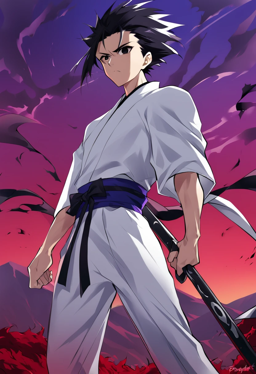 1boy, male focus, ponyzeldris, black hair, short hair, spiked hair, black eyes, red eyes, empty eyes,muscle, wearing white kimono with blue parts, holding an totally black sword in a red land, purple mountains, red sky, wind, clothes in the wind, hair in the wind, serious expression, powerful posing