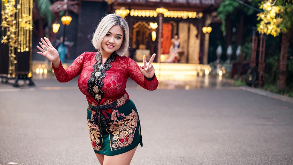 (ultra - detailed, 16K resolution, Cinema lenses, rendering by octane), (high resolution:1.18), intricate detail, (masterpiece:1.1), (highest quality:1.1), (1girl, portrait, white hair, blue eyes, short hair, detailed eyes),Wearing kebaya, 1 malay-Indonesian girl, modern plain hot deep neck top and dupatta, shy, medium portrait, watery eyes, wearing blue dark green kebaya, ((big breasts)), black bokeh background, well-proportioned body,, chubby massive thighs, full body pose, Hena art on the body, hena art on arms, full body view , wearing red sneakers , Smile while on stage, full body shot of, (cute round face:1.3),big breast, bigtit,perfect fingers, five fingers, beautiful hands, perfect hands. master peace, cute smile.