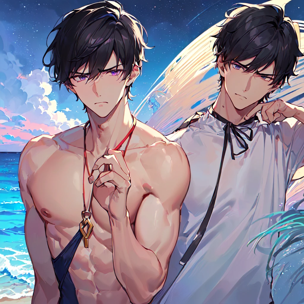 masterpiece,best quality,high quality,extremely detailed,(1male austere handsome adult age 30 years old solo:1.5),(purple eyes, cool with suspended eyes), (8.5 head tall and 185cm tall with strong and fearless body,(well-groomed black short hair to neck:1.4), (bangs parted in thirds:1.4), (naked upper body with pectoral and rectus abdominis muscles:1.3), slender nose, facial muscles, (swimsuit:1.3), (hand on neck:1.3), (stylish pose), (scowl:1.3), (ocean beach:1.3), (Night Sky :1.3), (full body:1.3)
