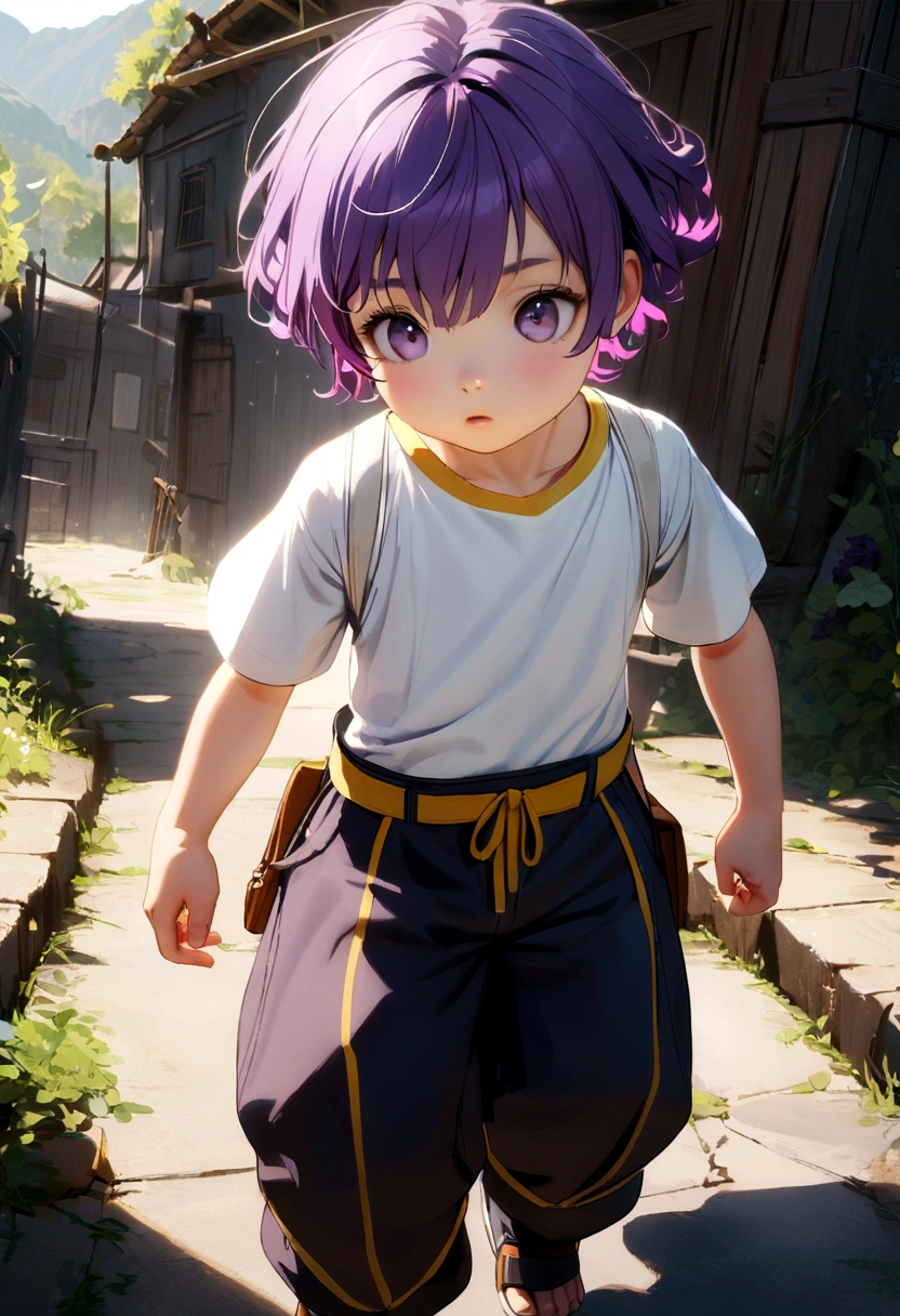6 year old boy, purple hair with bangs, dark purple eyes, black 2-strap pants, white t-shirt with yellow trim.