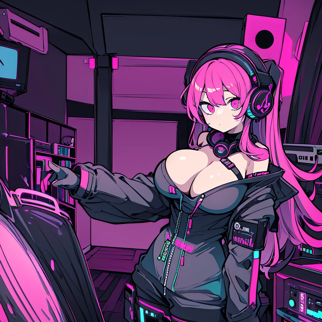 Best quality, (masterpiece), best detail face,1 girl, big breasts, 18 yo, 8k,absurdres,unity 8k wall paper,(extremely detailed:1.3), highest realistic, (retro headphones:), (soft neon light:), (psychedelic), Her room full of music equipment, Light clothing in summer, See the whole room, She is leaving the room, dark bordeaux palette