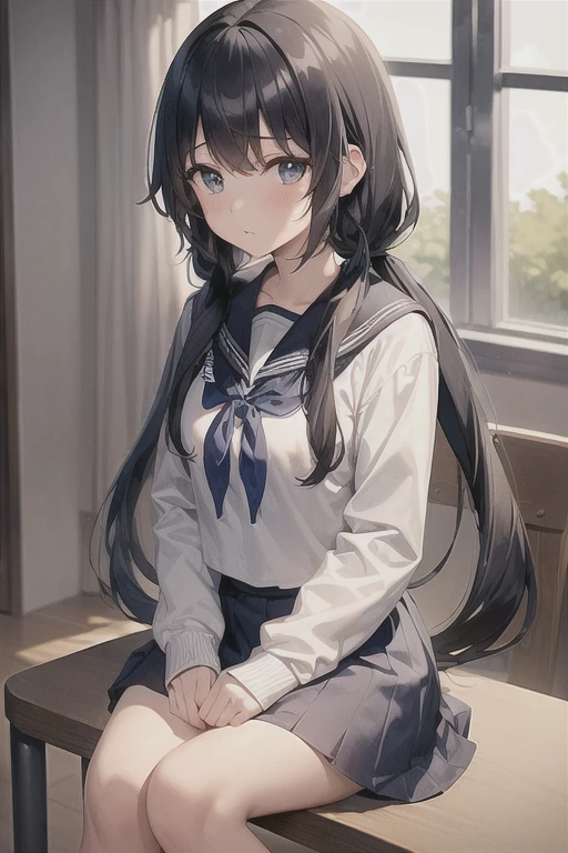 (best quality, masterpiece, high-resolution, detail), a girl, 15yo, (low twintails:1.2), low pigtails, black hair, long hair, (Navy blue sailor), long sleeves, skirt, (blue ribbon of the sailor), classroom, evening, from front, anime