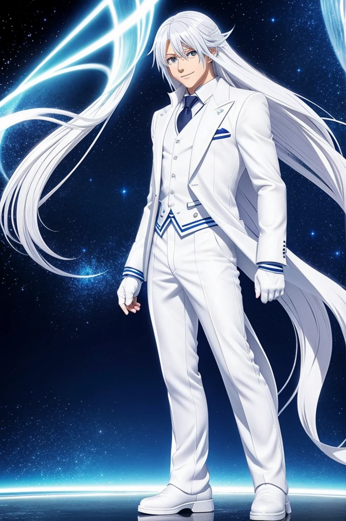 Style anime My héroe academia, girl with long white hair, has blue eyes, has a happy expression, He wears a white suit that covers his entire torso., white knee-high boots, gloves that are projecting a hologram