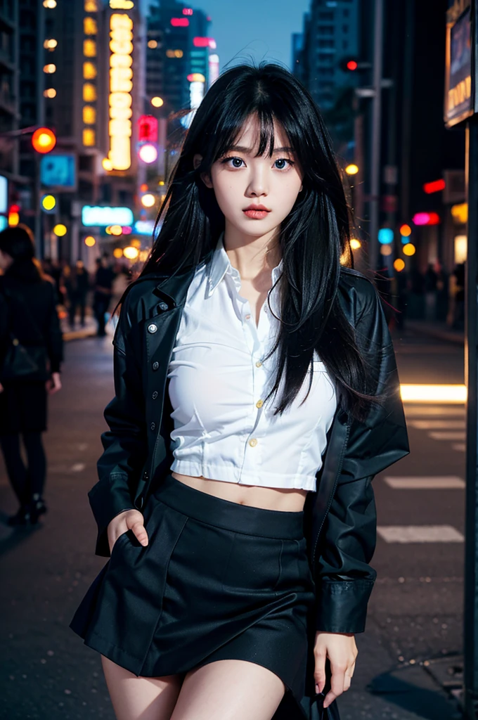 there is a woman standing in front of a neon sign, a emo young girl, blue eyes, beauty face, Wear micro skirt, gold and black, ajusted skirt, transparent shirt, black Shiffon shirt, long black and yellow hair, hair realistic, long hair, large hair, busted, big, big tits, big , big ass, goth skirt ajusted, captured on canon eos r 6, hd, high textures