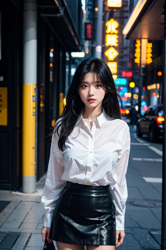 there is a woman standing in front of a neon sign, a emo young girl, blue eyes, beauty face, Wear micro skirt, gold and black, ajusted skirt, transparent shirt, black Shiffon shirt, long black and yellow hair, hair realistic, long hair, large hair, busted, big, big tits, big , big ass, goth skirt ajusted, captured on canon eos r 6, hd, high textures