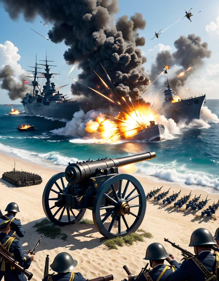 I need you to draw a first person picture of a beach battle,The six-pointed Gatling gun in the center of the picture is firing at the warship, flat, Soldiers landed from the sea,A horrific bombing. .