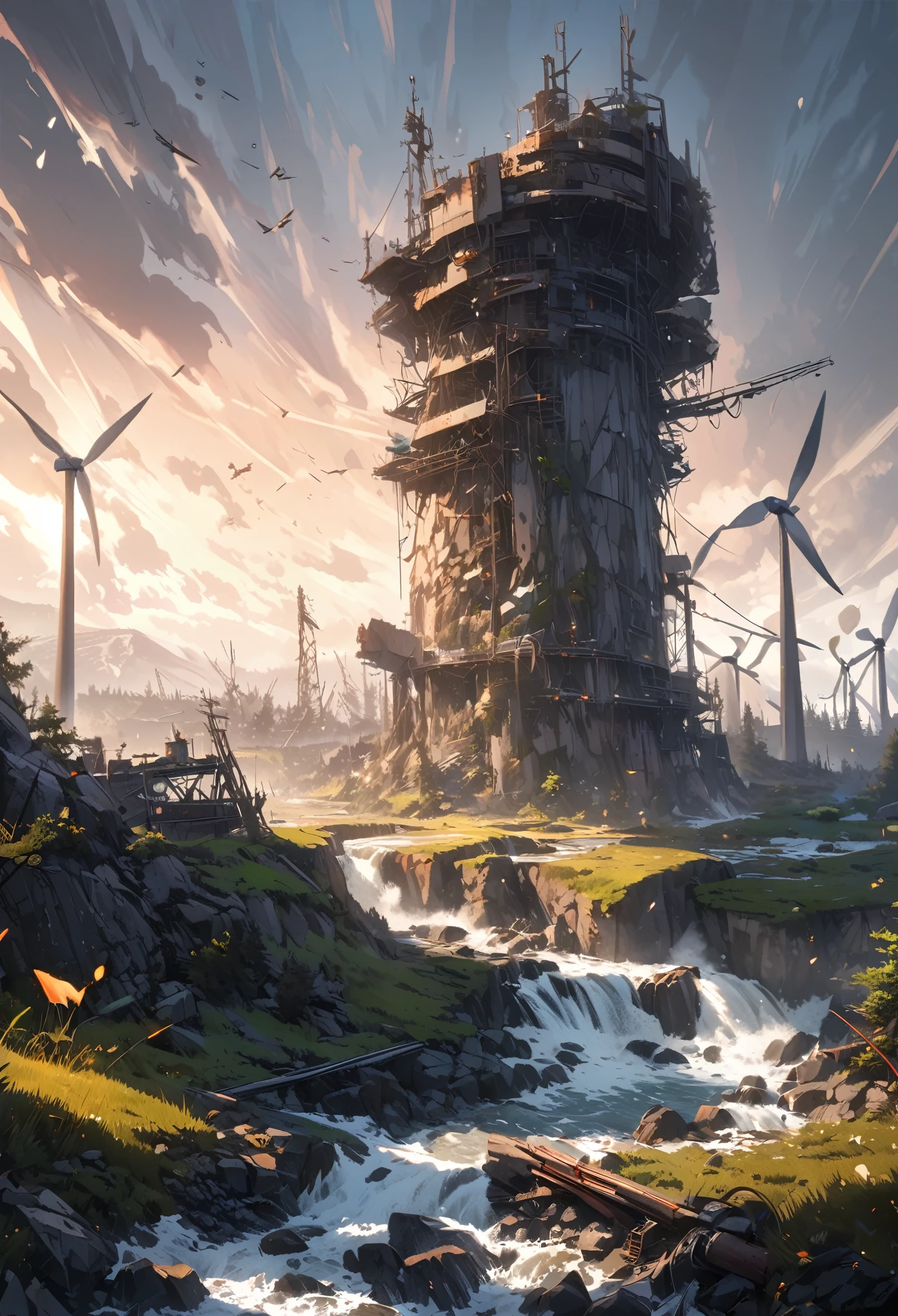 wilderness, broken wind power plant, ultra detailed, natural