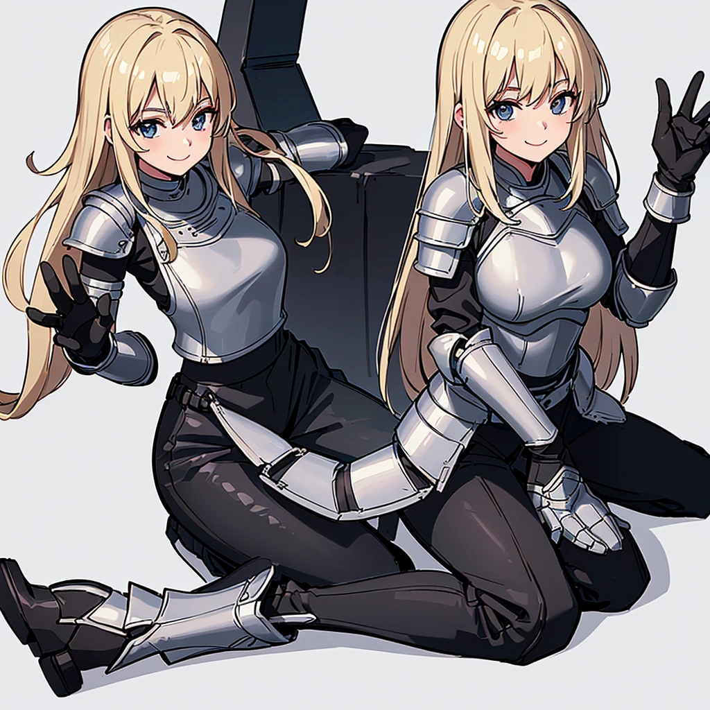 (((Solo)))、Highest quality, Best Quality、8K、Best illustrations、(((Gray simple armor、Black trousers、Black gloves))、(woman、18-year-old)、(Blonde、Long Hair)、(White background)、(Get on both knees、sit)、(smile、smile)、wave hands