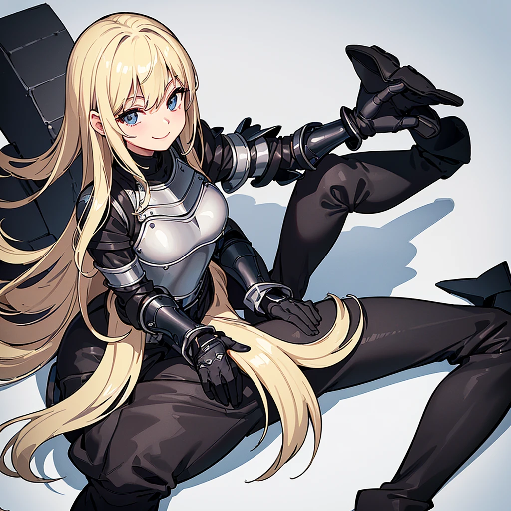 (((Solo)))、Highest quality, Best Quality、8K、Best illustrations、(((Gray simple armor、Black trousers、Black gloves))、(woman、18-year-old)、(Blonde、Long Hair)、(White background)、(Get on both knees、sit)、(smile、smile)、wave hands