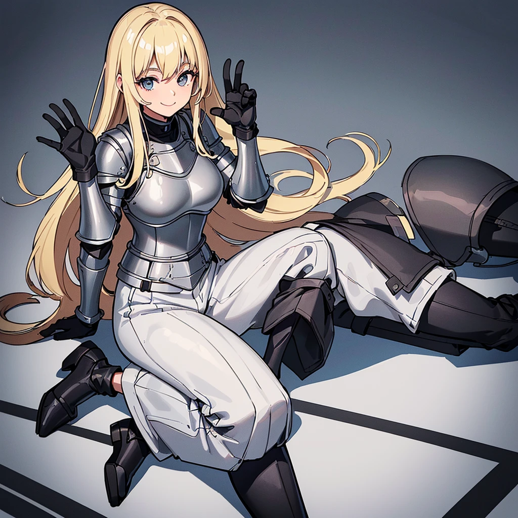 (((Solo)))、Highest quality, Best Quality、8K、Best illustrations、(((Gray simple armor、Black trousers、Black gloves))、(woman、18-year-old)、(Blonde、Long Hair)、(White background)、(Get on both knees、sit)、(smile、smile)、wave hands