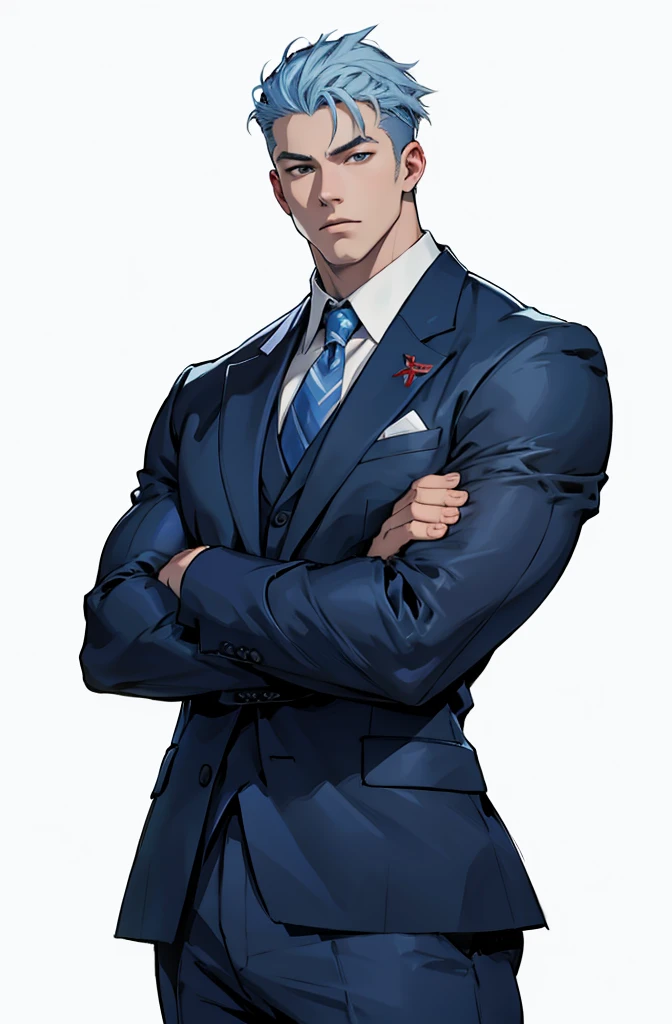 Red and blue,Drawing of a young Chad, Dark blue suit,hong'se'r tie, White shirt,Pants,入耳式earphone,earphone, Looking at the camera, male,Silver short hair,Blue Eyes,muscle,bodyguard,Light and Shadow,(Luminescence:1.5),(Cyberpunk:1.5)
