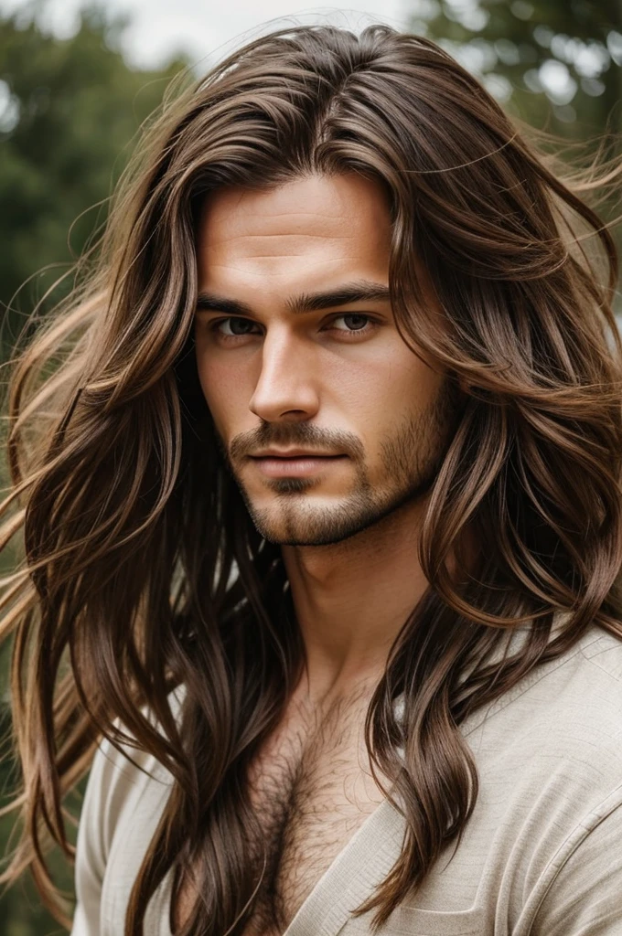 I want you to generate an image base on my description. This man has a long flowing brown hair that reaches his waist, his hair styled in a loose, wavy manner, with some strands falling over his forehead. has a playful, yet mysterious aura