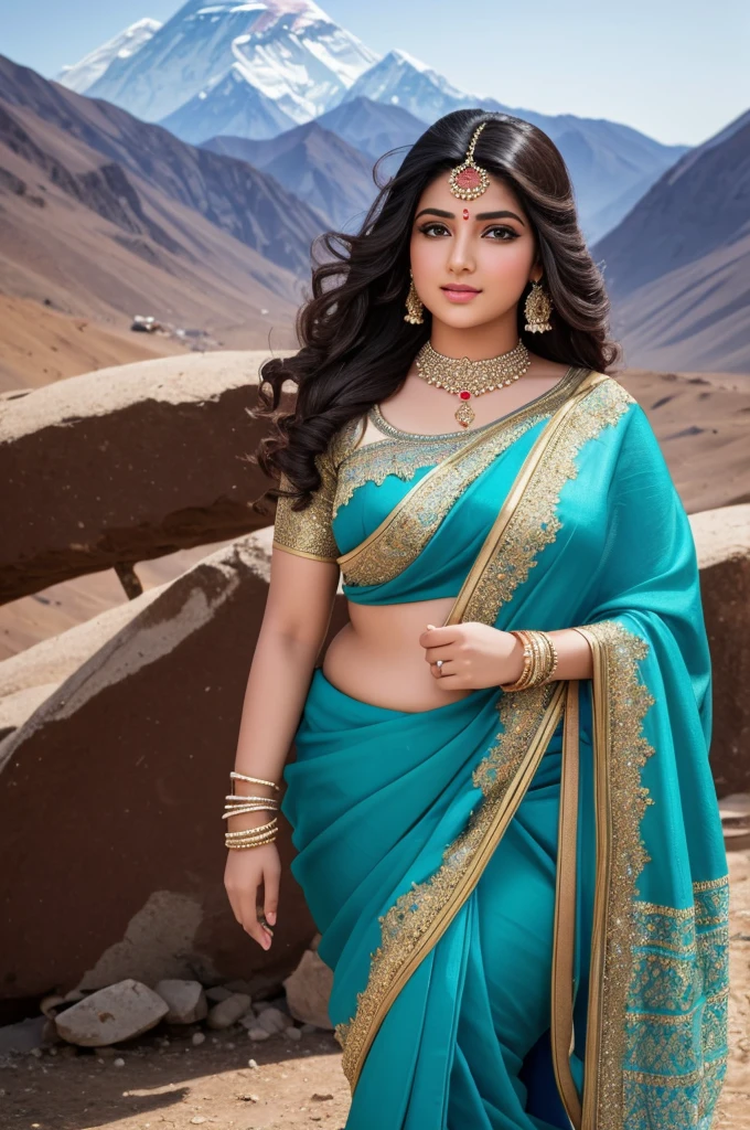 1 Heavenly beautiful and goddess beauty cute and sweet looking face Arabian woman in front of Mount Everest, Heavenly beautiful Overweight, Heavenly beautiful Extremely fat, Heavenly beautiful and attractive Chubby figure , Heavenly beautiful looking and eye catching luxury style bridal saree , reaching out, Heavenly beautiful Arabian woman, 16k, High resolution, masterpiece, highest quality, fine skin, close up figure view, Realistic Photograph