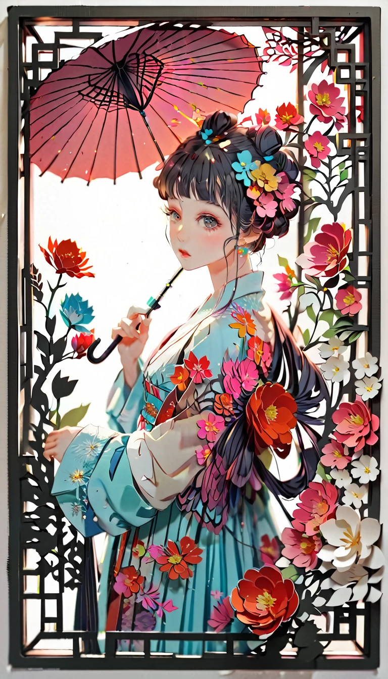 (((paper cutting style))), (frame of illustration is 3D paper cutting: 1.2), (random fashion), (random angle), (random hairstyle), (random hair color), (random hair length), 1 girl, umbrella, flower