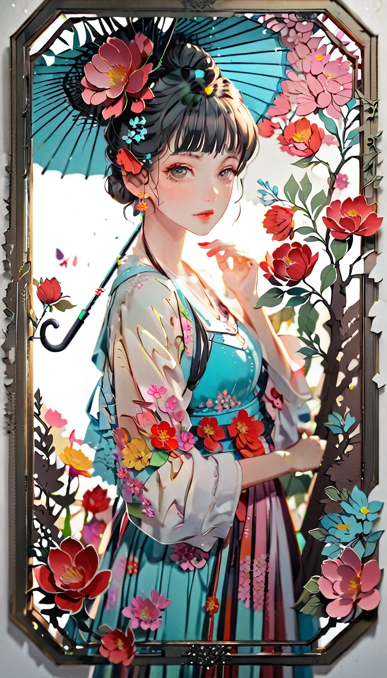 (((paper cutting style))), (frame of illustration is 3D paper cutting: 1.2), (random fashion), (random angle), (random hairstyle), (random hair color), (random hair length), 1 girl, umbrella, flower
