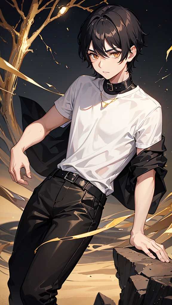 Boy with black hair and golden eyes dressed in black clothes and a white t-shirt underneath with a desert in the background of the image

