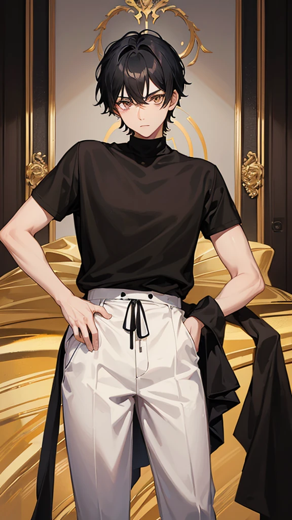 Boy with black hair and golden eyes dressed in black clothes and a white t-shirt underneath with a desert in the background of the image


