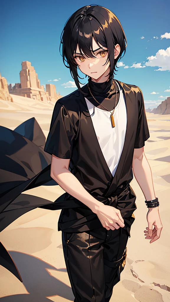 Boy with black hair and golden eyes dressed in black clothes and a white t-shirt underneath with a desert in the background of the image