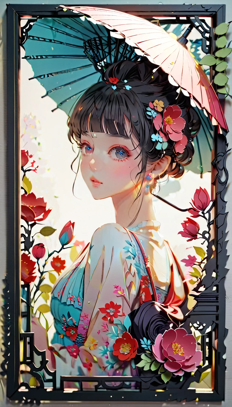 (((paper cutting style))), (frame of illustration is 3D paper cutting: 1.2), (random fashion), (random angle), (random hairstyle), (random hair color), (random hair length), 1 girl, umbrella, flower