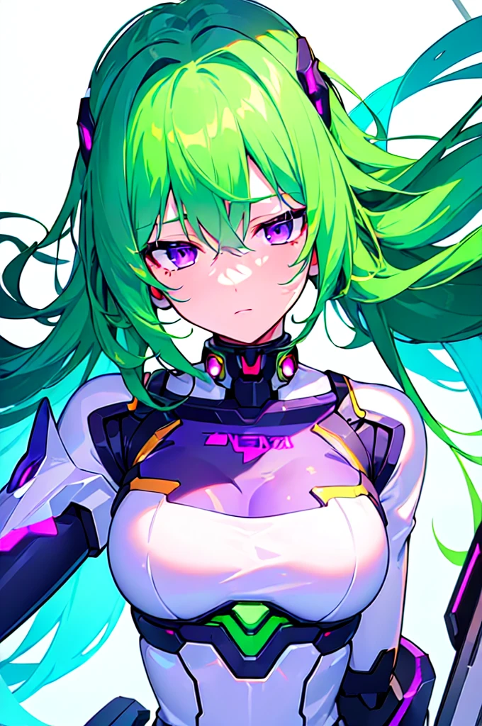 [(WHITE BACKGROUND:1.5),::5], ((((masterpiece)))), high quality, ultra very high resolution, full color, (((solo))), ((Mecha musume)), Mecha girl, ((Green hair)), (Purple eyes), anime, upper body, neon light, cyborg body, (Purple neon effect:1.2)