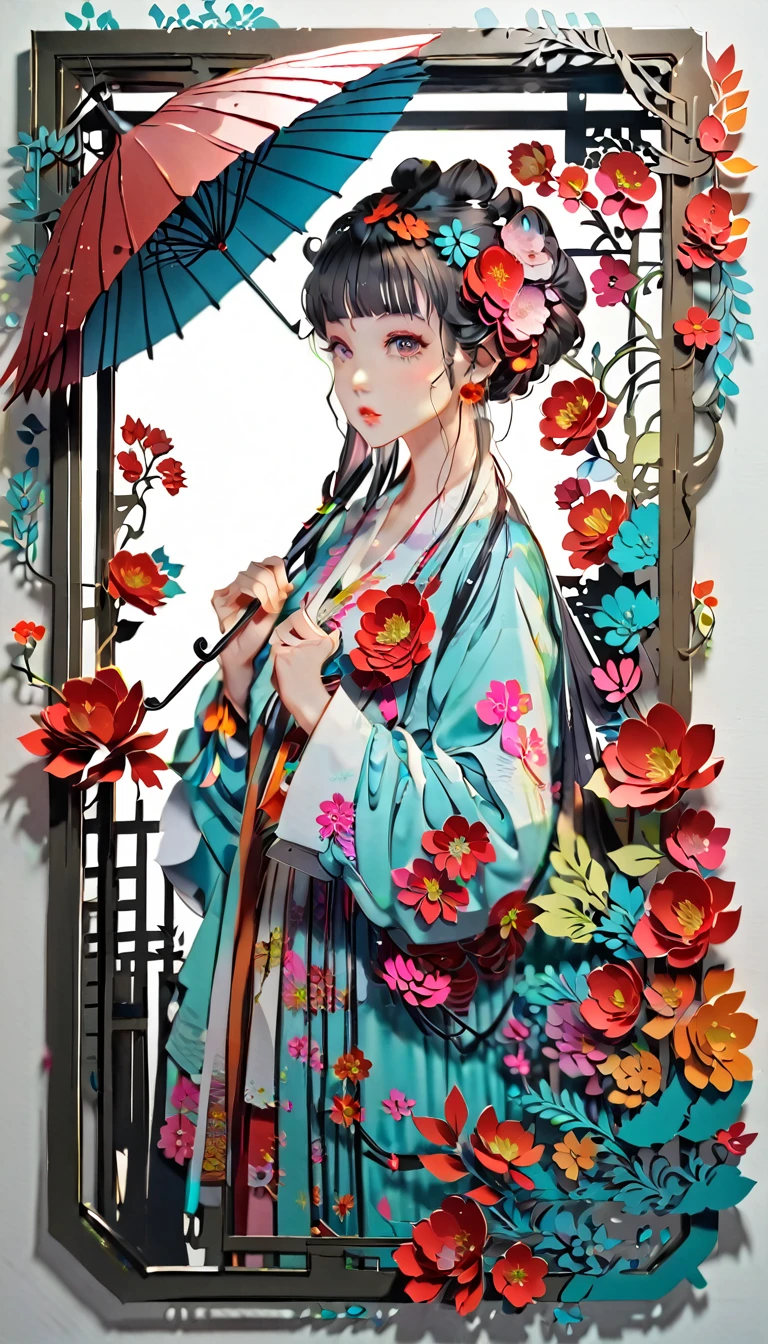 (((paper cutting style))), (frame of illustration is 3D paper cutting: 1.2), (random fashion), (random angle), (random hairstyle), (random hair color), (random hair length), 1 girl, umbrella, flower